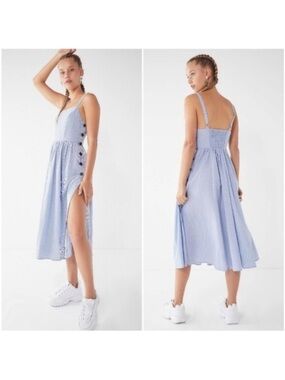 Urban Outfitters Nautical Preppy Light Blue Striped Midi Sundress Side Buttons-M